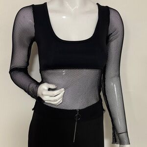 Dolls Kill Brand Generation Kiss Black Long Sleeve Fishnet Top w Black Panels